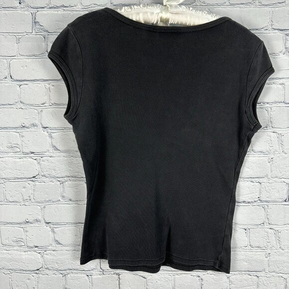 DKNY Women's Embellished Studded Logo V-Neck Cap Sleeve Tee,โ Size Medium, Black - Picture 5 of 7